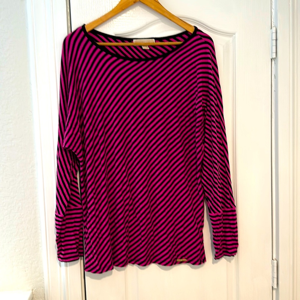 Michael Kors Pink & Black Diagonal Stripe Long Sleeve Blouse‎ Sz L